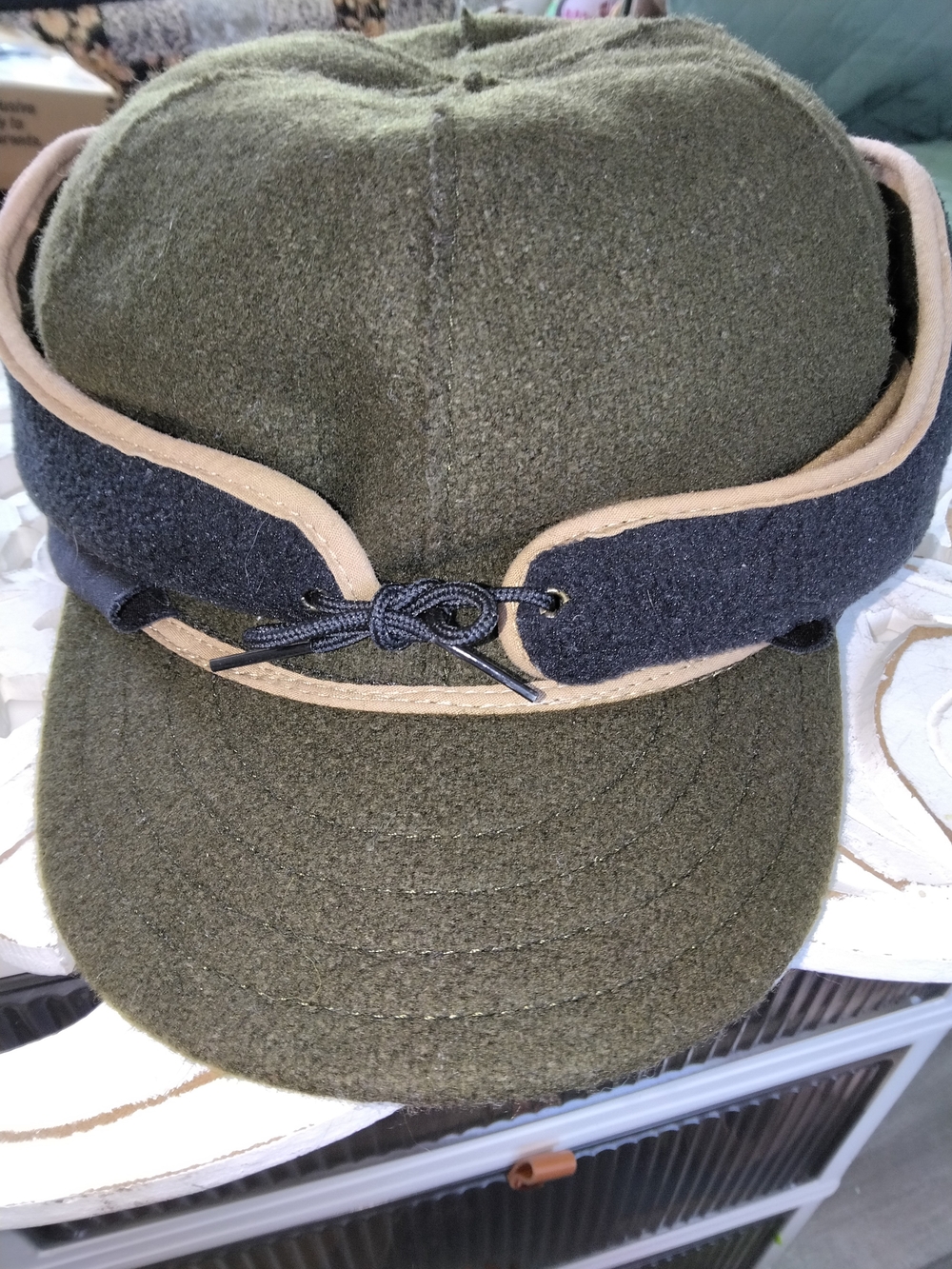 Olive Green Wool Blend Winter Cap with Ear Flaps